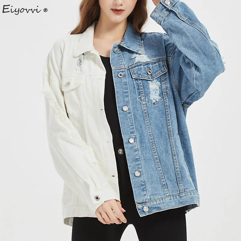 

2021 Spring Autumn Women's Denim Jacket Patchwork Color Blocking Blue And White Coat Long Sleeve Streetwear Tops Outerwear