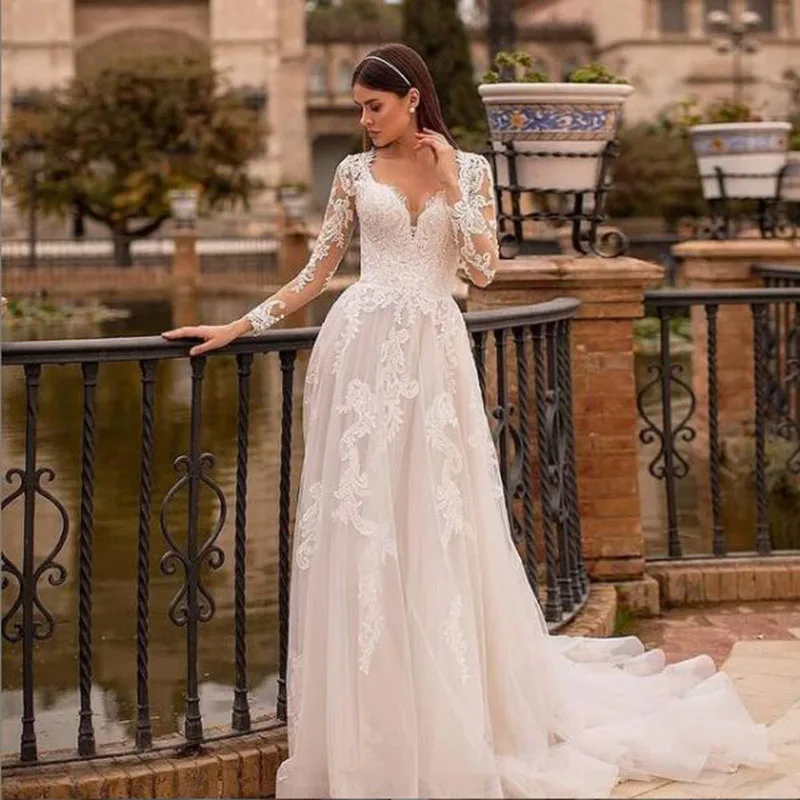 

Ivory Long Sleeves Wedding Dress Sexy Backless Lace Appliques Button Princess Bridal Dress Wedding Gowns Turkey