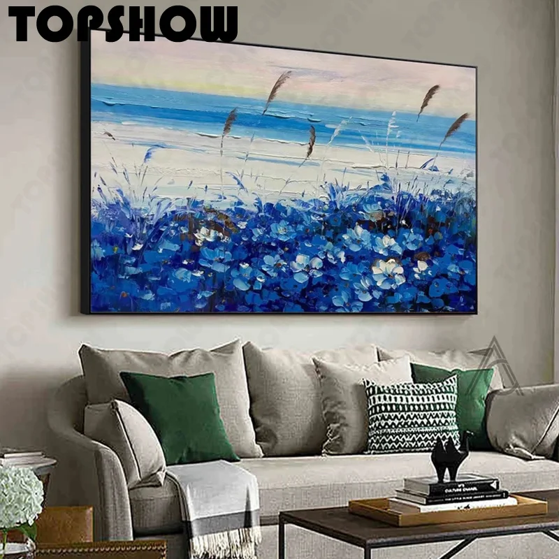 Большая оригинальная Абстрактная живопись с голубым небом и цветами Ручная
