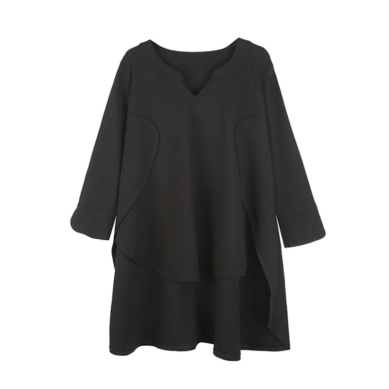 

CHICEVER Black T Shirt For Women V Neck Three Quarter Sleeve Loose Asymmetrical Hem Casual T Shirts Female 2020 Autumn Clothing