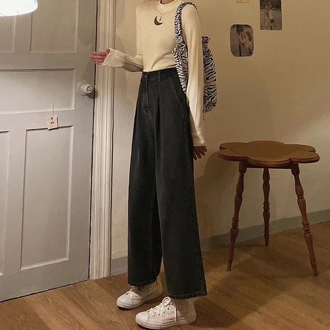 

Super Popular CEC Retro Lace High Waist Denim Pants Women's New Korean Style Slimming Loose Straight Wide Leg Daddy Pants