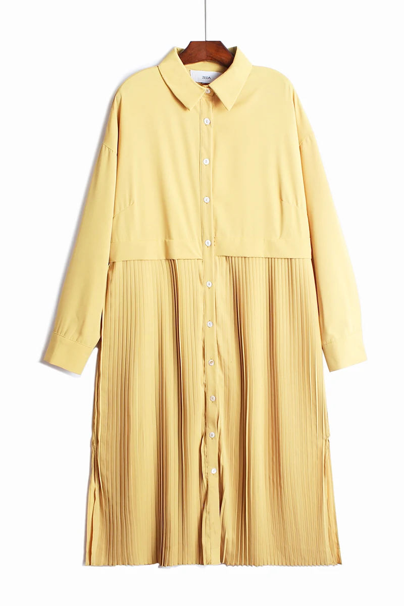 

IEQJ 2021 new spring fashion women clothes turn-down collar full sleeves pleated single breasted loose big size shirt dress