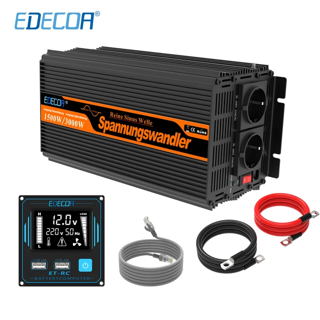 EDECOA pure sine wave DC 12V to AC 220V 230V 1500W power inverter with 5V 2.1A USB remote control LCD display