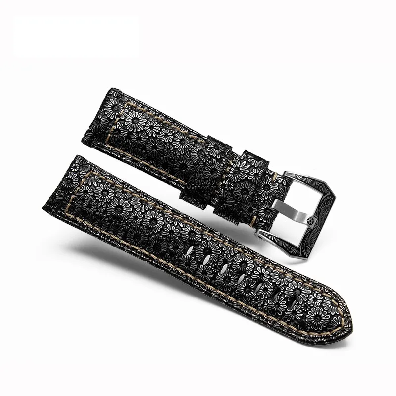For PAM441 448 312 wristband  high quality Cowhide Genuine Leather Watch Band retro flower grain Thick Soft Watchband 22 24 26mm