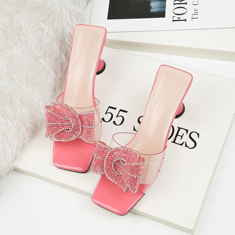 Новинка 2019 года Женские шлепанцы из пвх Сандалии на толстом каблуке со стразами