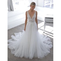 classic a line tulle sleeveless wedding dress lace appliques v neck illusion bridal gown customized vestido de casamento