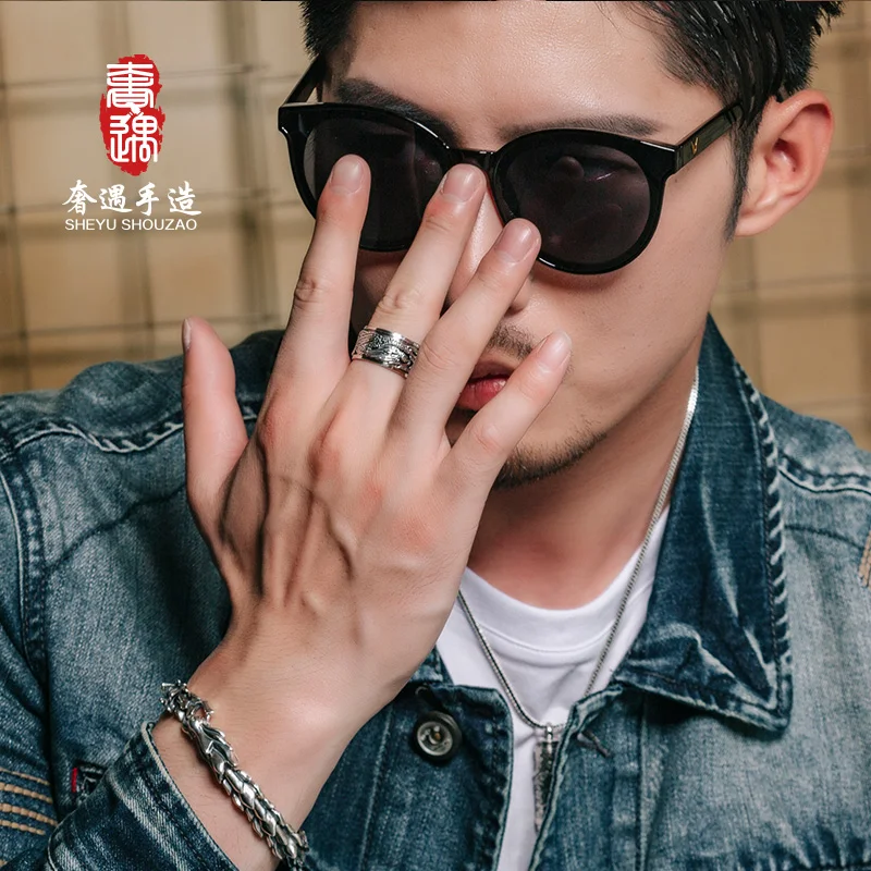 

Lrer/Luxury S925 Sterling Silver Ring Men's Retro Personality Men's Domineering Ring Index Finger New Xianglong Rotating