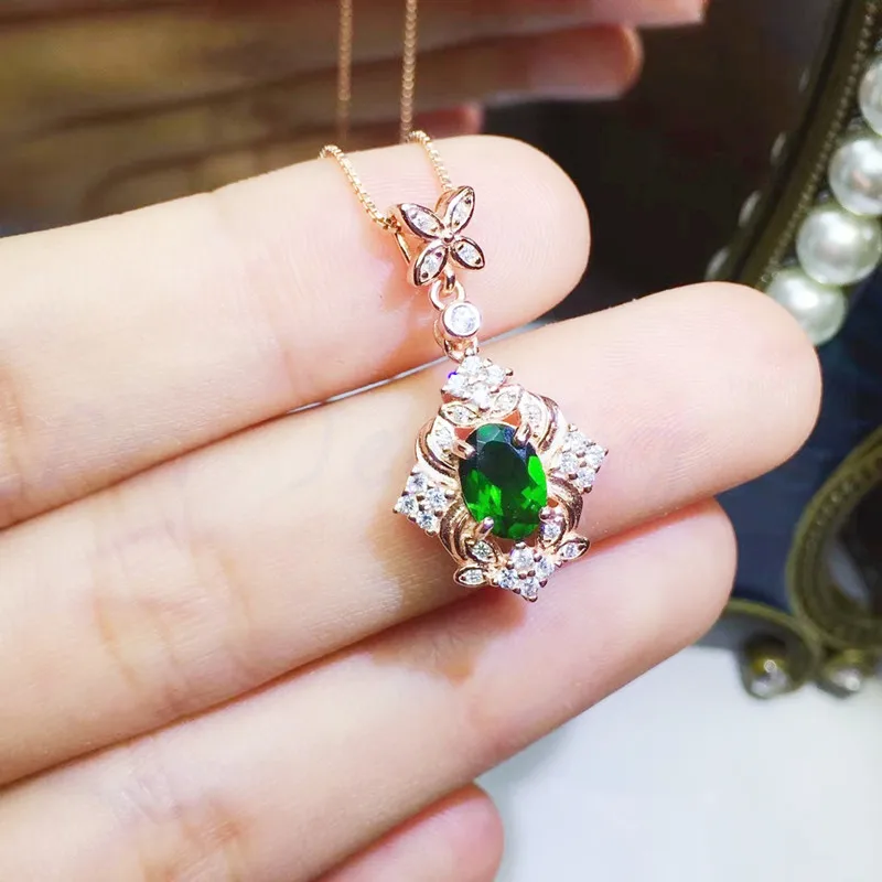 Per jewelry Natural real diopside flower style necklace pendant 1ct gemstone Free shipping 925 sterling silver Q910261 | Украшения и