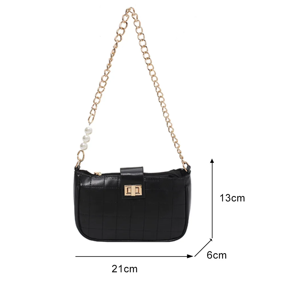 

Fashion PU Leather Underarm Tote Bag Female Pearl Chain Handbag Elegant Lattice Pattern Women Street Commuter Top-handle Purse