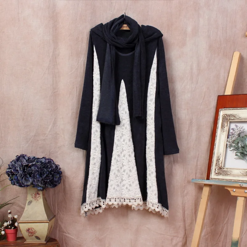 Женское трикотажное платье-свитер с длинным рукавом кружевной вышивкой | Женская