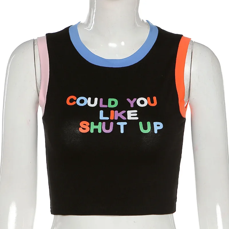

Sexy Women Tank Tops Crew Neck Letter Print Sleeveless Backless Slim Shoulder Strap Type Sling Vest Casual Summer Crop Top 2021