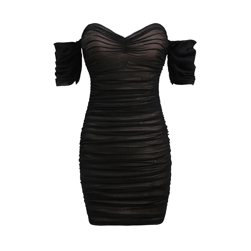 

BacklakeGirls Sexy Mesh Night Club Wrapped Black Dress Sweetheart Neck Off Shoulder Short Sleeve Backless Pleated Party Dress