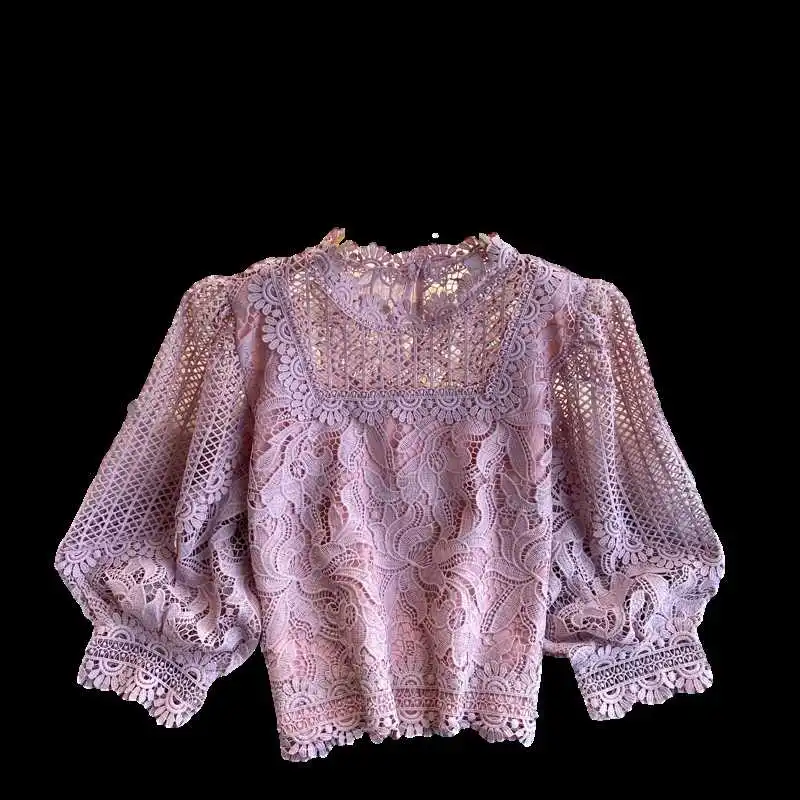 

2021 Temperament Fashion New Spring French Hollow Blouse Female Lace Round Neck Puff Sleeve Blusa All-match Short Shirt