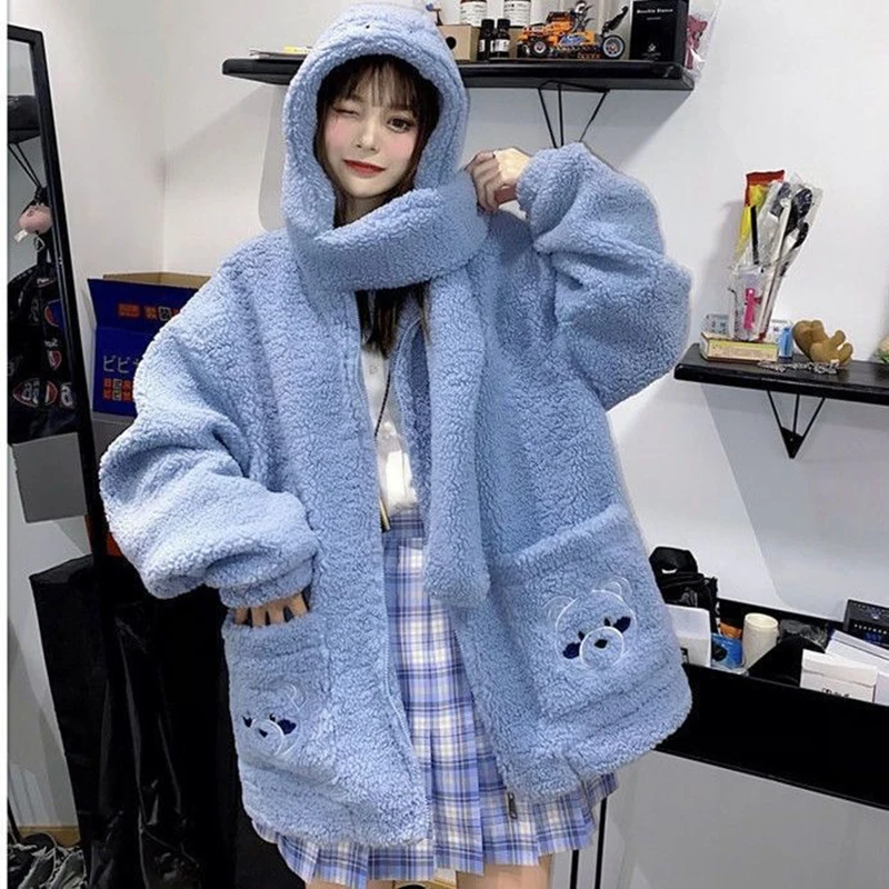 

Harajuku Winter Korean Women Sweatshirt Fashion Thick Fleece Zipper Sweet Casual Cute Loose Streetwear Cute Bear Hoodie Clothes