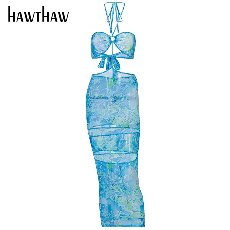 

Hawthaw Women Summer Sexy Halter Printed Hollow Out Bodycon Sleeveless Backless Beach Dress 2021 Female Clothing Streetwear
