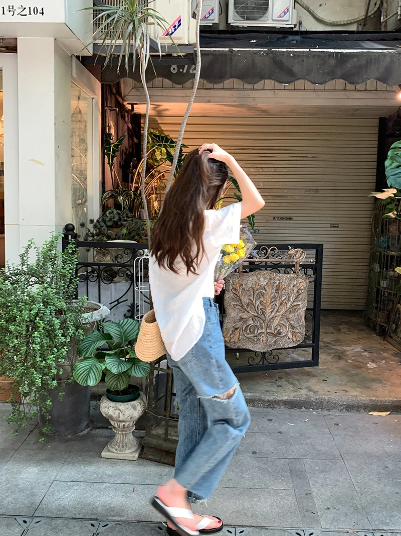 Black Design Sense Jeans Pierced Women's High Waist Thin Irregular Closure Double Button Tear Tassel Wide Leg | Женская одежда