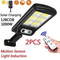 2pcs 128cob solar led street light waterproof motion sensor smart remote control 300w outdoor garden security wall light