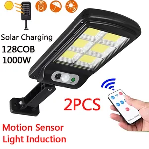 2pcs 128cob solar led street light waterproof motion sensor smart remote control 300w outdoor garden security wall light free global shipping