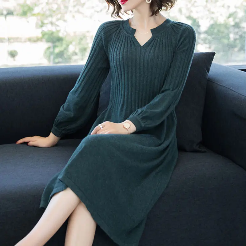 

Women Autumn 2020 Loose High Waist Knitted Dress Female Elegant Long Sleeve Sweater Dress Ladies New Casual Slim Dress P136