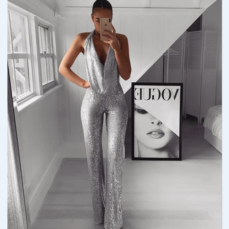 Высокое качество 2019 элегантный женский комбинезон летний сексуальный v-образный