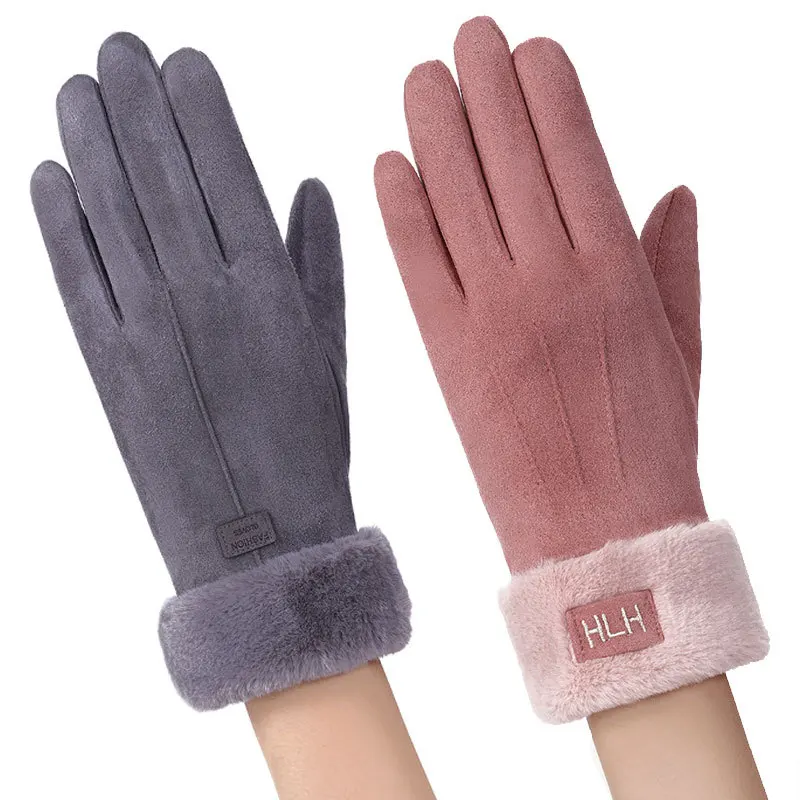 New Winter Female Lace Warm Cashmere Three Ribs Cute Mittens Double Thick Plush Wrist Women Touch Screen Driving Gloves