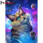 Huacan, полноразмернаякруглая Алмазная мозаика, кот, Вселенная, 5D алмазная живопись, искусственная вышивка, подарок, украшение для дома
