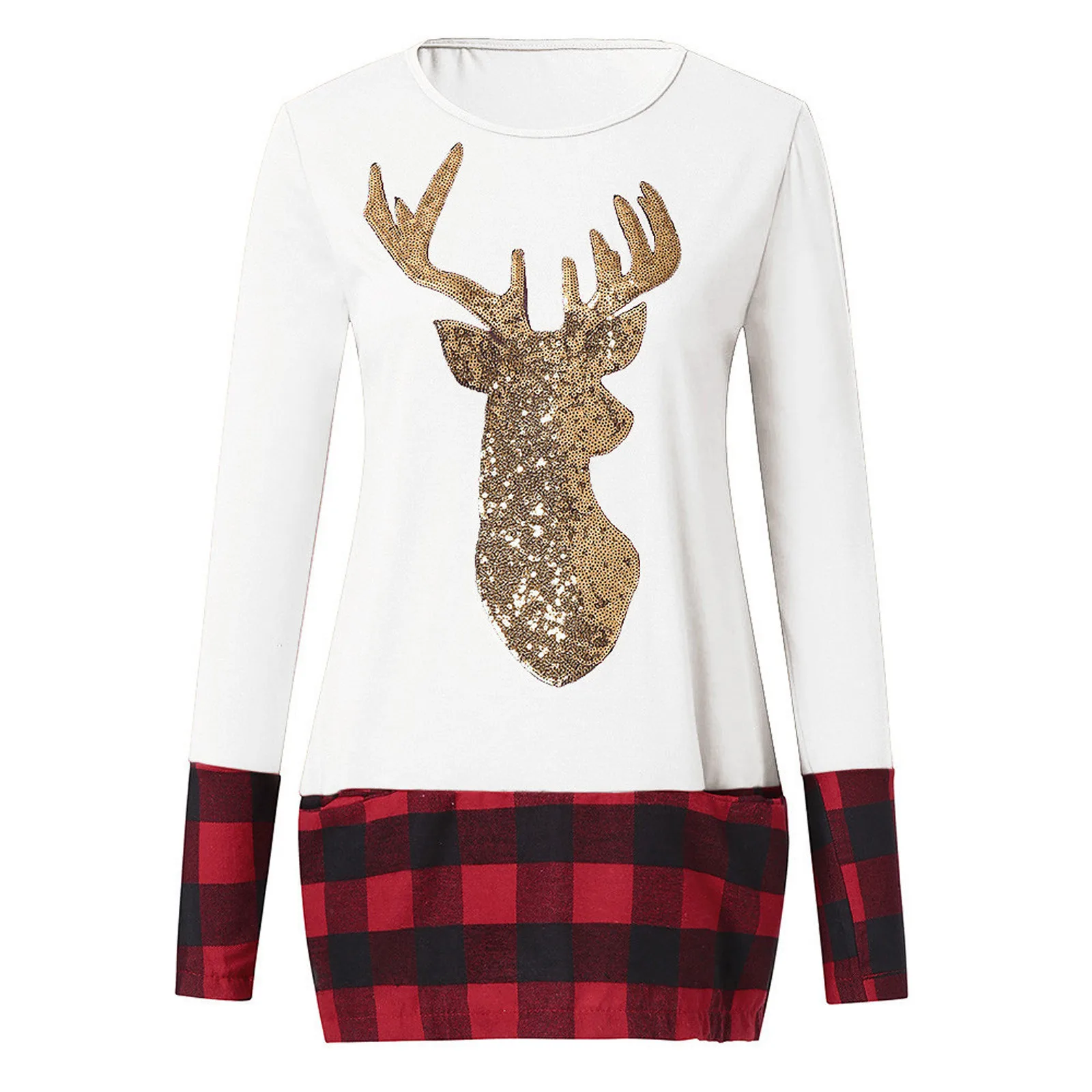 Модные женские рождественские топы Клетчатая блуза с длинным рукавом и рисунком