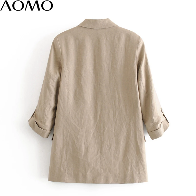 

AOMO 2020 women solid cotton linen blazer female long sleeve elegant jacket ladies office spring formal suits 6A133A