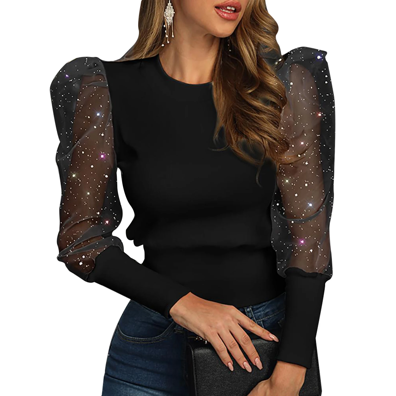 

Women's Bronzing Sheers Mesh Sleeve Blouse Tops Long Sleeve Slim T Shirt SAL99