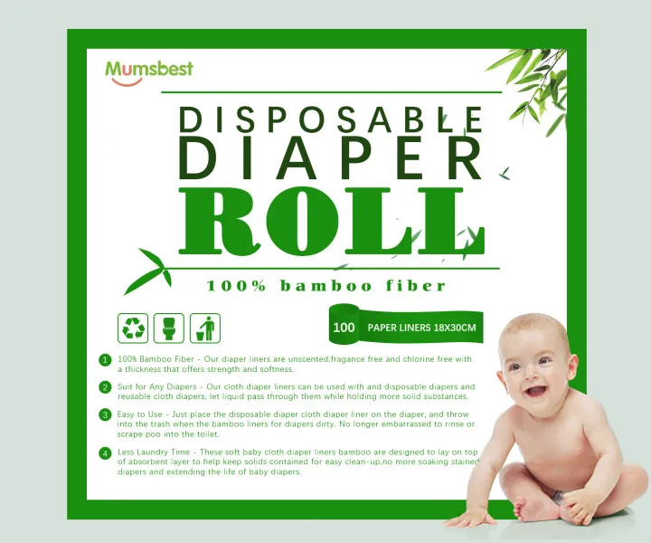 

1 Roll Bamboo Flushable Liner,100 Sheets/Roll Biodegradable Disposable Baby Nappy Changings For 3-36 Months, 3-15 Kg