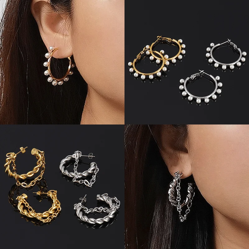 Жемчужные серьги кольца из нержавеющей стали с панк-цепью для женщин модные золотые круглые украшения.