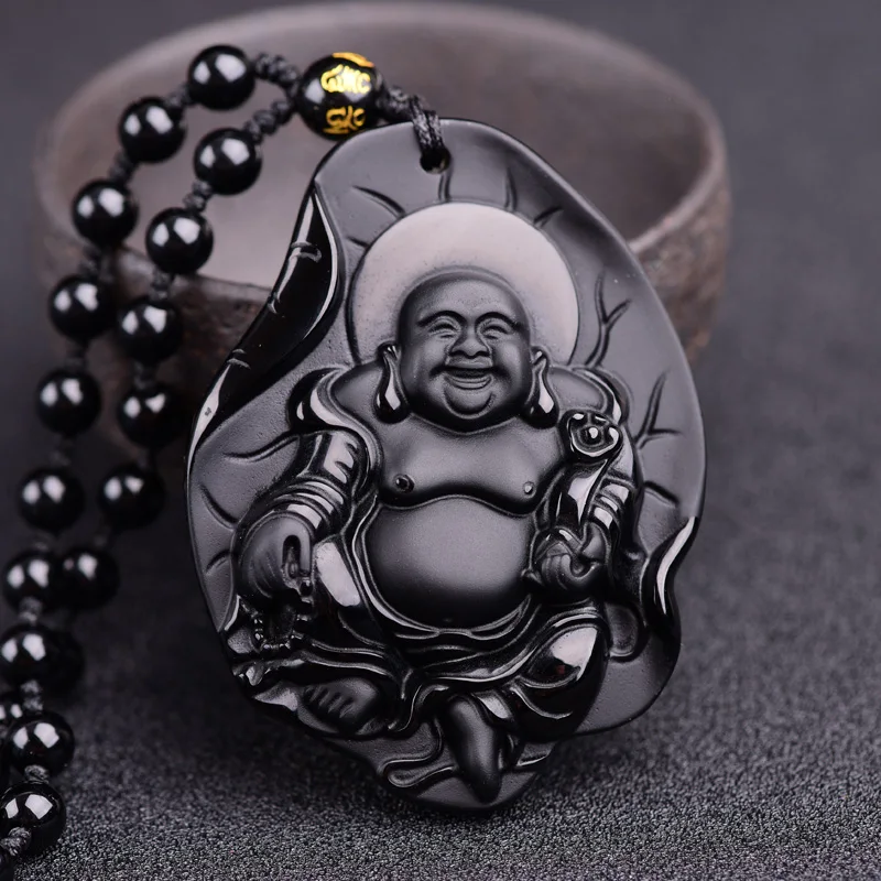 

Natural Obsidian Maitreya Buddha Jade Pendant Jewelry Lucky Exorcise evil spirits Auspicious Amulet Jade Pendant Fine Jewelry