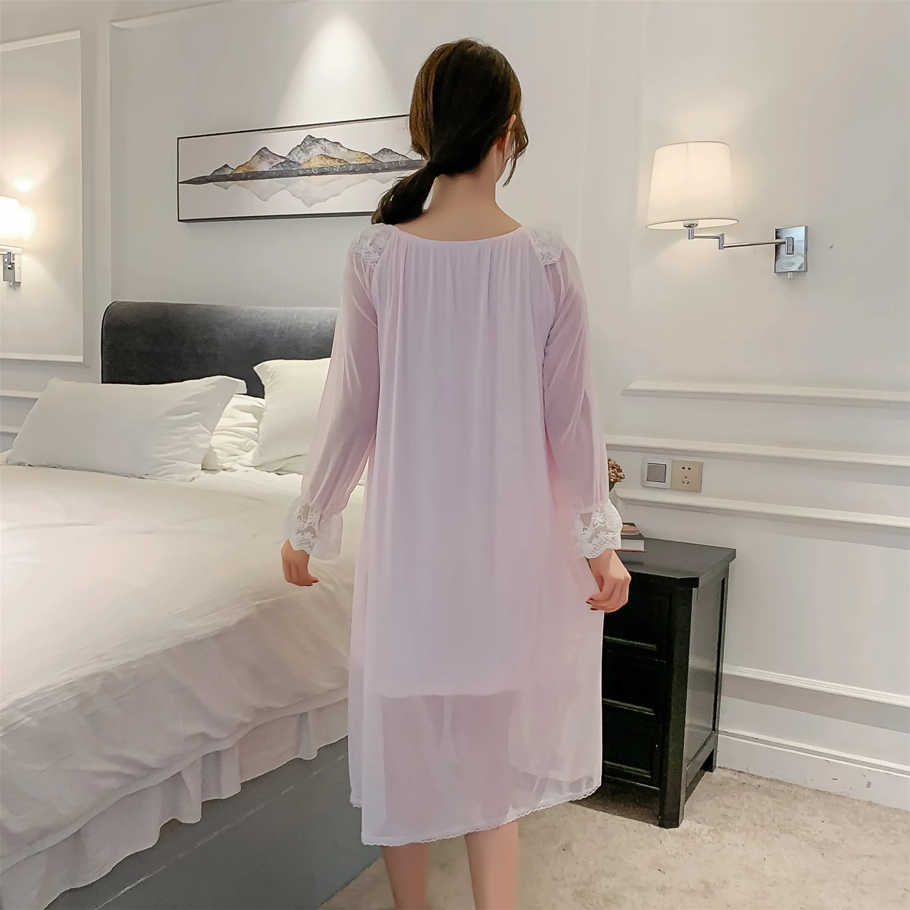 Spring Summer New Women's Nightdress Long Sleeve Palace Princess Style Nightgown Lace Sexy Nightwear Thin Home Wear Sleepwear