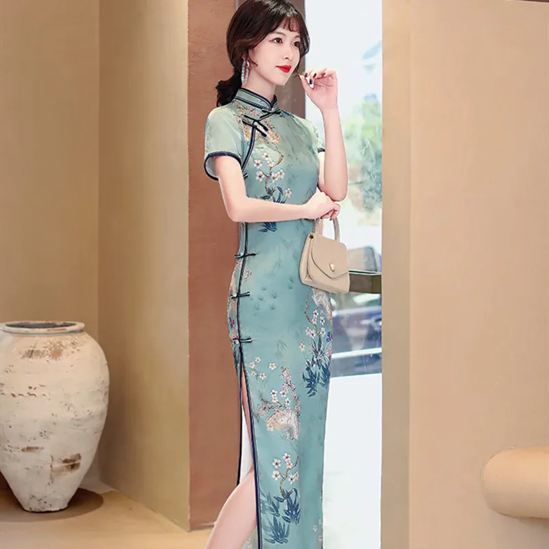 

Summer Handmade Button Printed Cheongsam Novelty Chinese Style Womens Mandarin Collar Satin Qipao Slim Party Dresses Vestido