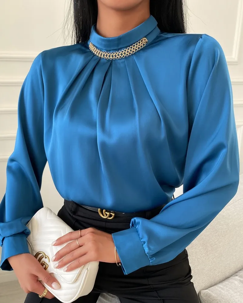 

Chic Plain Mock Neck Long Sleeve Blouse Women