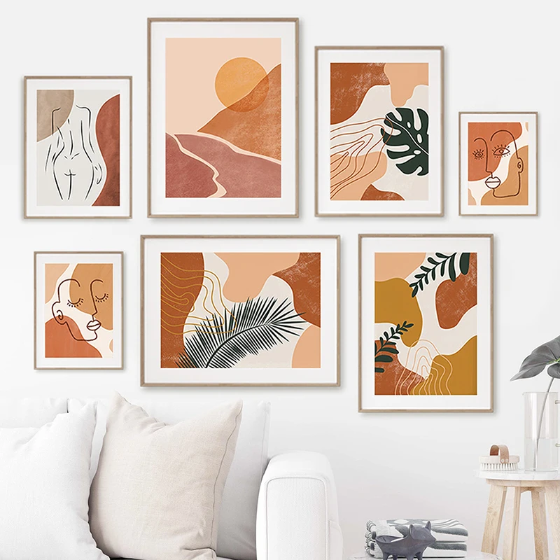 

Nordic Posters And Prints Girl Face Leaf Lines Sun Boho Abstract Landscape Wall Art Canvas Painting Wall Picture For Living Room