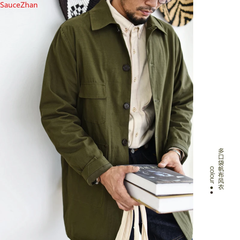 

SauceZhan Trench Coat Men 2020 New Men's Trench Coat Men's Long Lapel Windbreakers Men Jacket canvas jacket Cotton Autumn