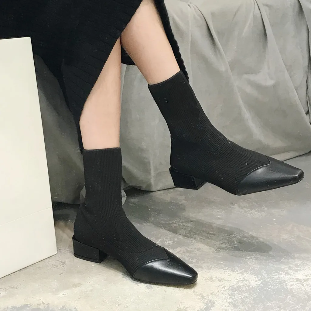 Женские ботинки до середины икры 2019 г. Осенне зимние однотонные из эластичной