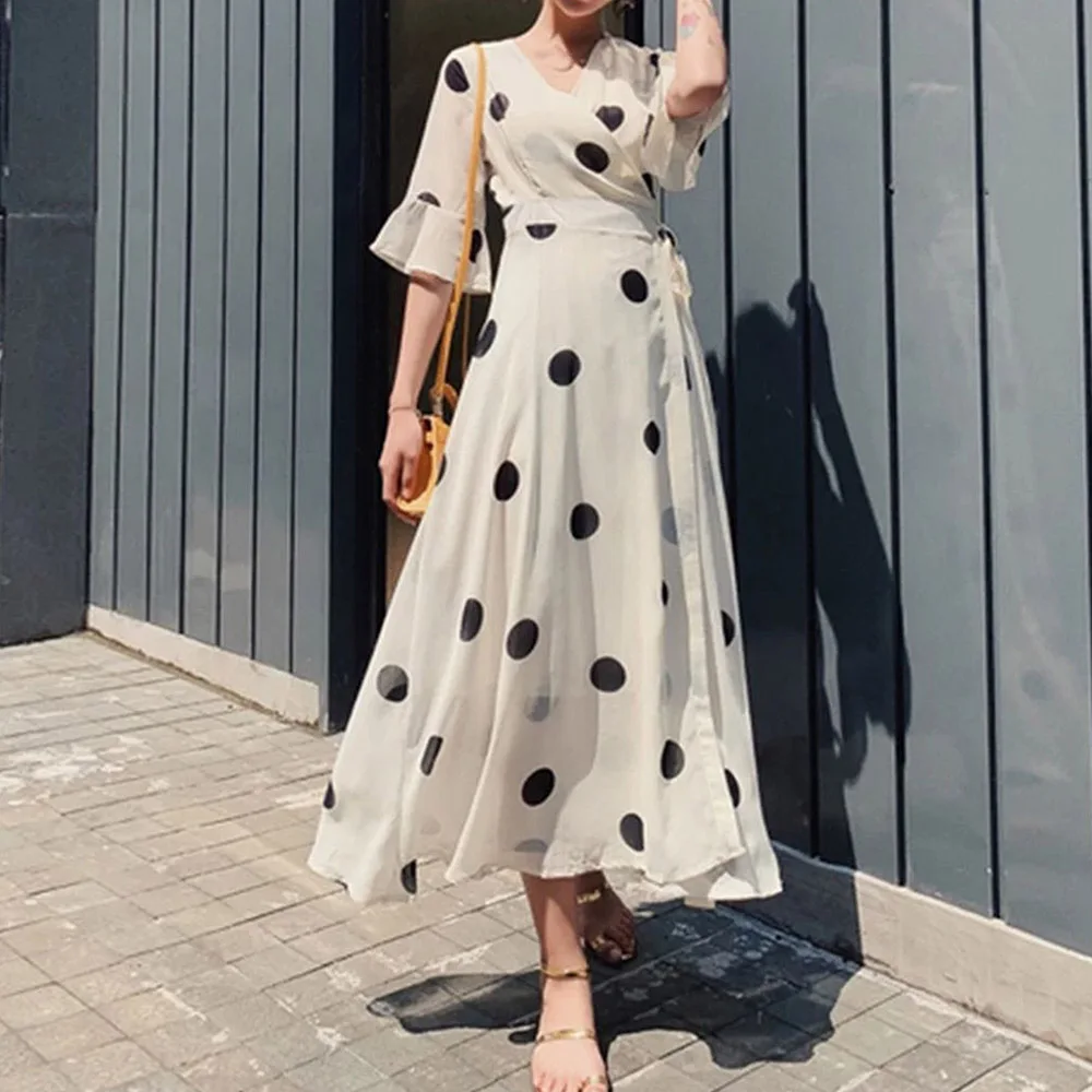Белое Макси платье в горошек летние повседневные элегантные офисные женские