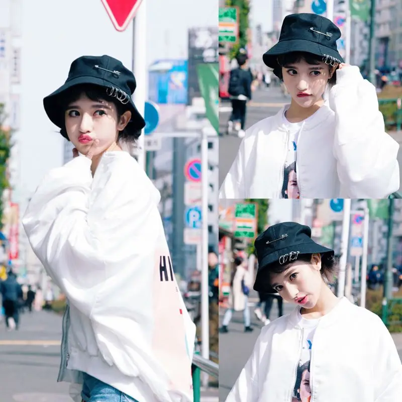 

Unisex Harajuku Punk Cotton Bucket Hat Metal Pin O-Rings Hip Hop Fisherman Cap B95F