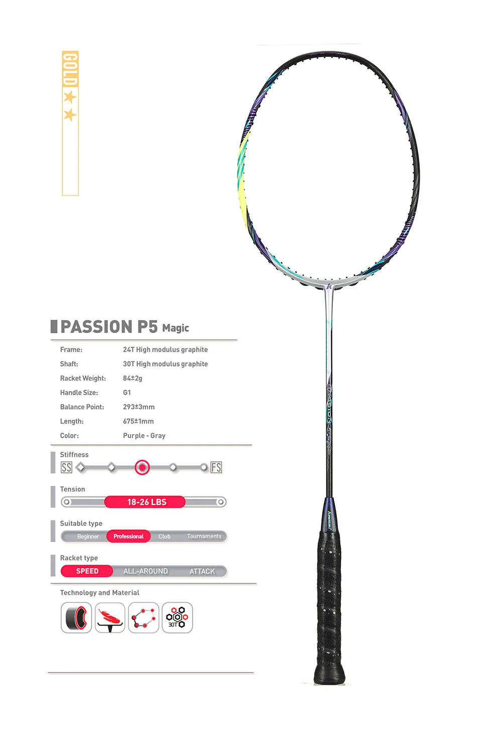 

Kawasaki Badminton Rackets Professional Type 30T Carbon Fiber Box Frame Racquet For Professional Players P5-Magic