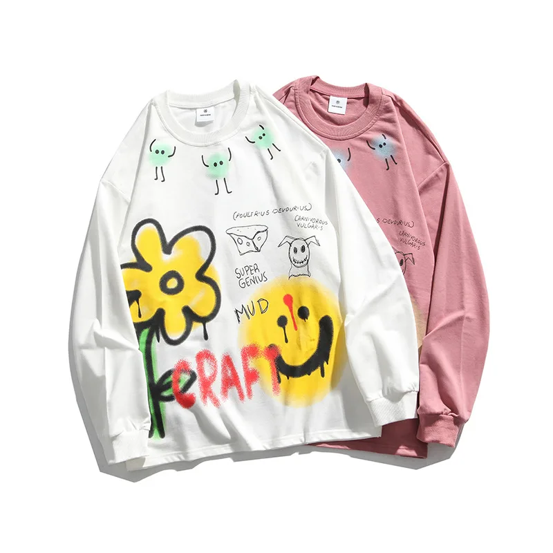 

Harajuku Hoodie Men Graffiti Flower Letter Face Print Sweatshirt Cotton Hip Hop Casual Loose Pullover Spring Fall Couple Hoodies
