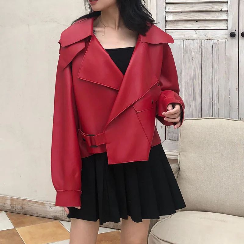 Soft Loose Vintage Biker Coat Sungtin Women Faux Leather Jacket Short Pockets Motor PU Black Jacket Autumn Street Leather Coat