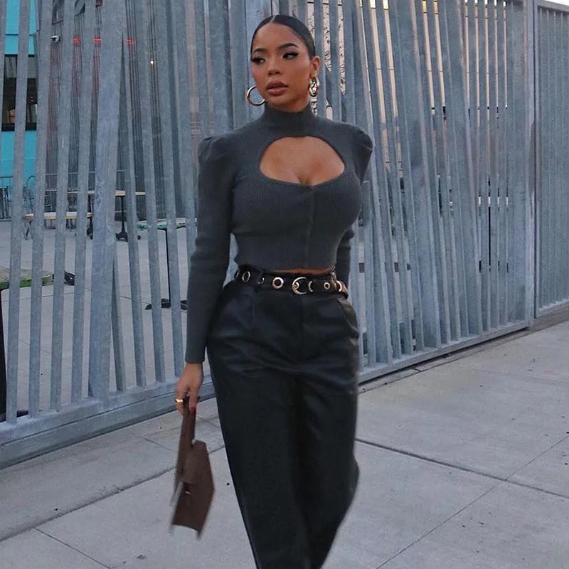 

New trendy sexy hollow long sleeve button Slim high neck puff sleeve top woman t-shirts long sleeve summer tops for women 2020