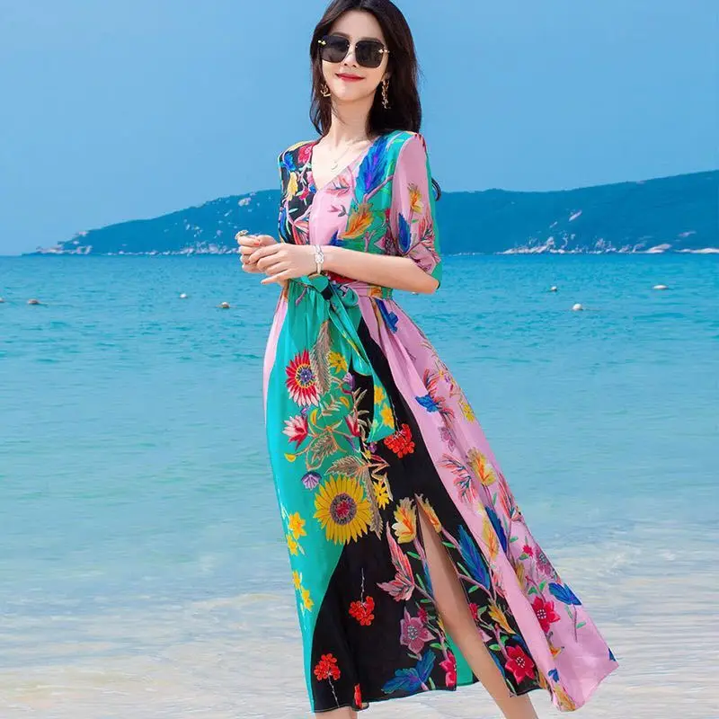 

Mulberry Silk Dress Bandage Half Sleeve Boho Beach Holiday Party Flower Print Long Dresses for Women 2023 Summer Vintage Y672