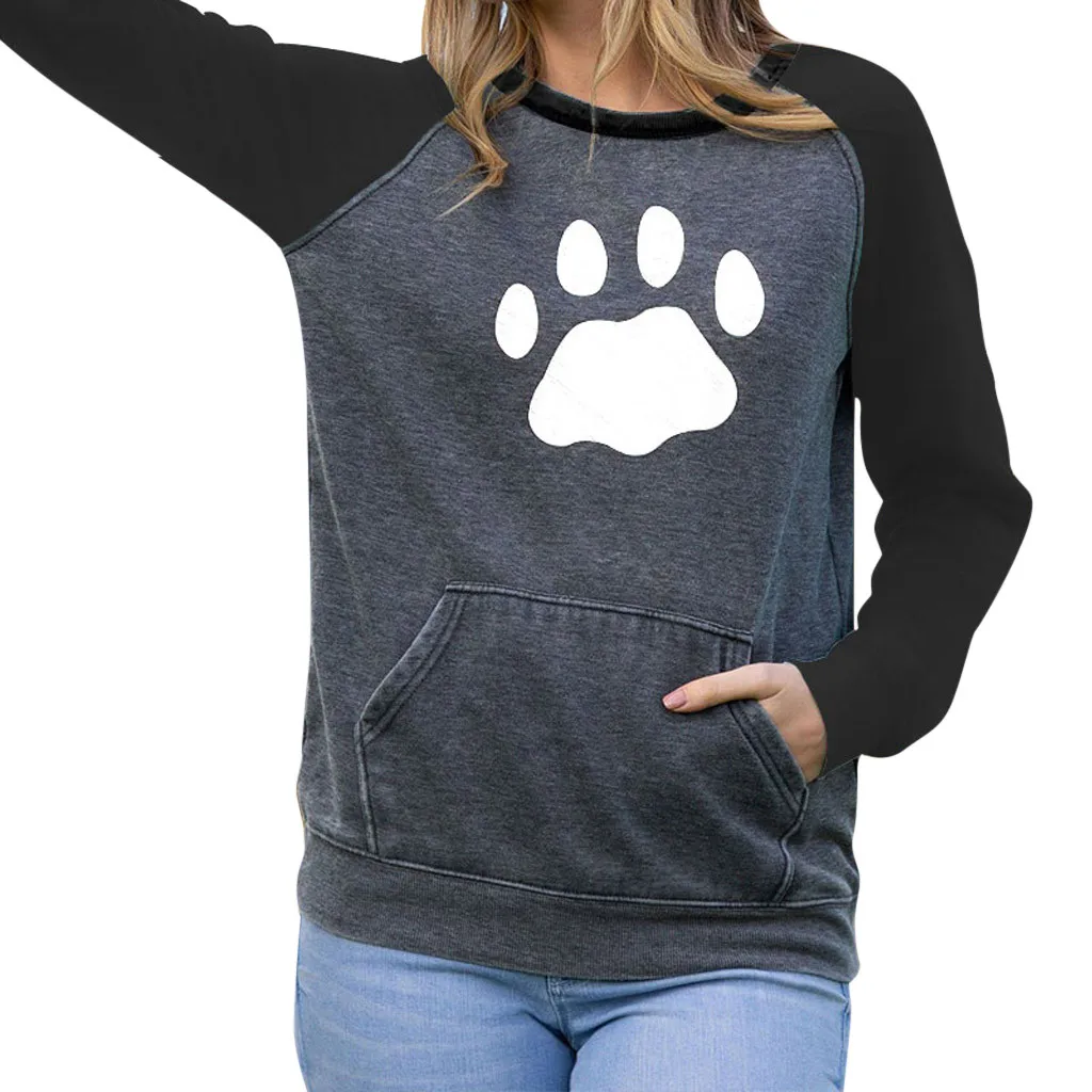 Свободный Страус Модный женский милый кот отпечаток когтя карман длинный рукав