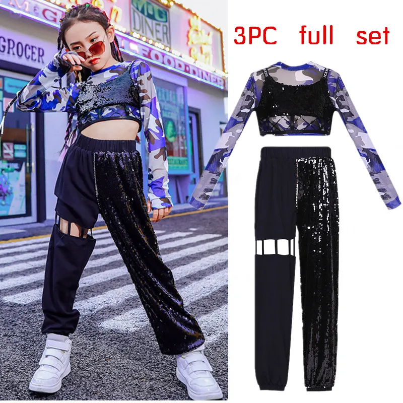 

Костюмы для джазовых танцев для детей, камуфляжные Топы с длинным рукавом, черные штаны с блестками, костюмы для танцев в стиле хип-хоп для д...