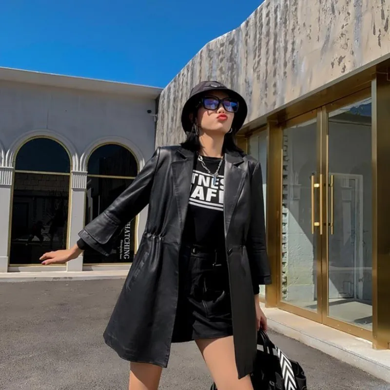 Офисные женские тонкие длинные Куртки из натуральной овечьей кожи с