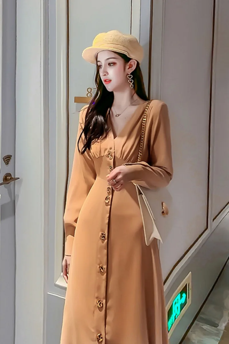 

COIGARSAM Full Sleeve Women Long dress New Spring High Waist V-Neck Dresses Black Khaki 3631