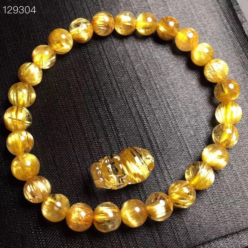 Kaufen Echte Natürliche Brasilien Gold Rutilated Titan Quarz Armband 6,6mm Frau Mann Runde Perlen Pi Xiu Anhänger 15.5*8.9*8mm AAAAA